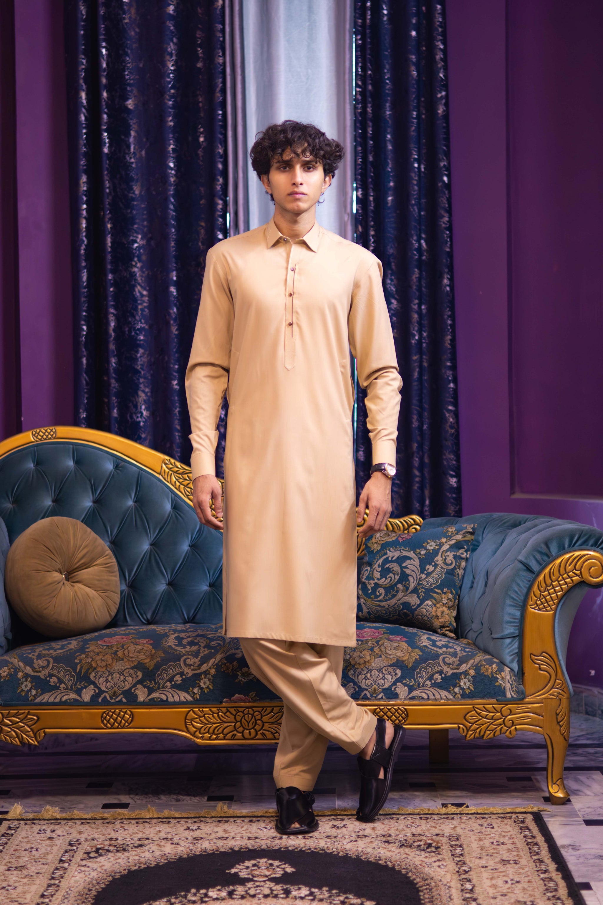 Beige Wash & Wear Semi-Formal Kamez Shalwar