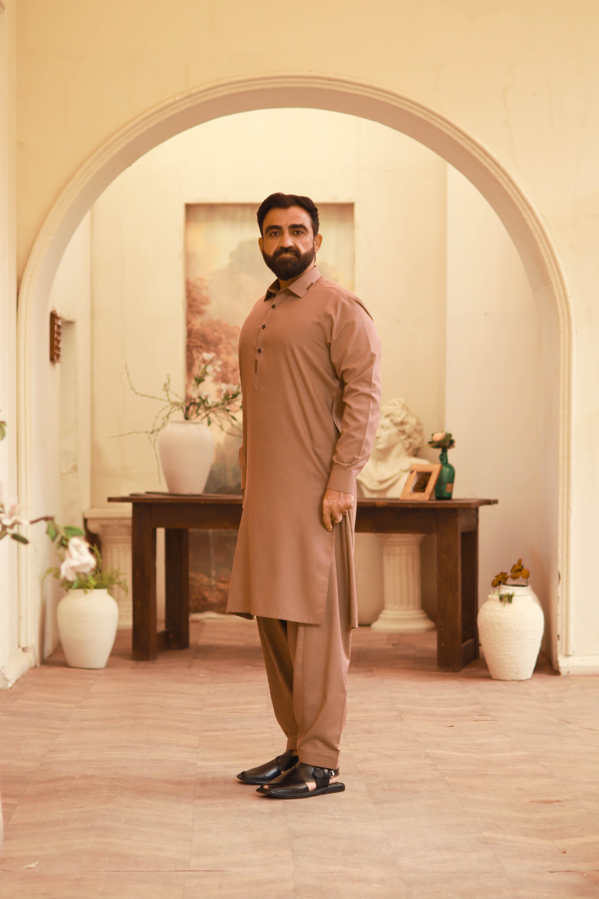 Light brown Wash & Wear Semi-Formal Kameez Shalwar