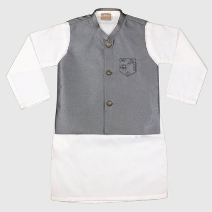 White Kurta Pajama with Grey Waistcoat – Kids