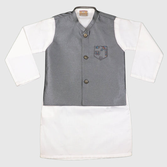 White Kurta Pajama with Grey Waistcoat – Kids