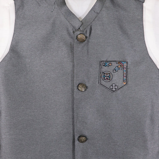 White Kurta Pajama with Grey Waistcoat – Kids