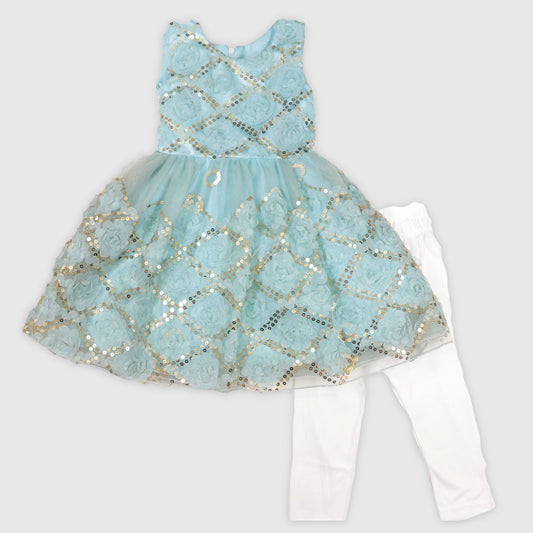 The Ice Blue Sequin Bloom Frock Set
