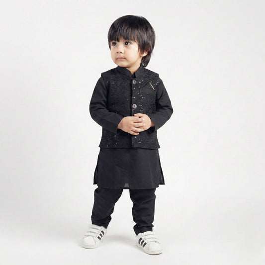 Black Kurta Pajama with Waistcoat – Kids