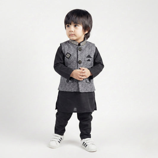 Black Kurta Pajama with Waistcoat – Kids