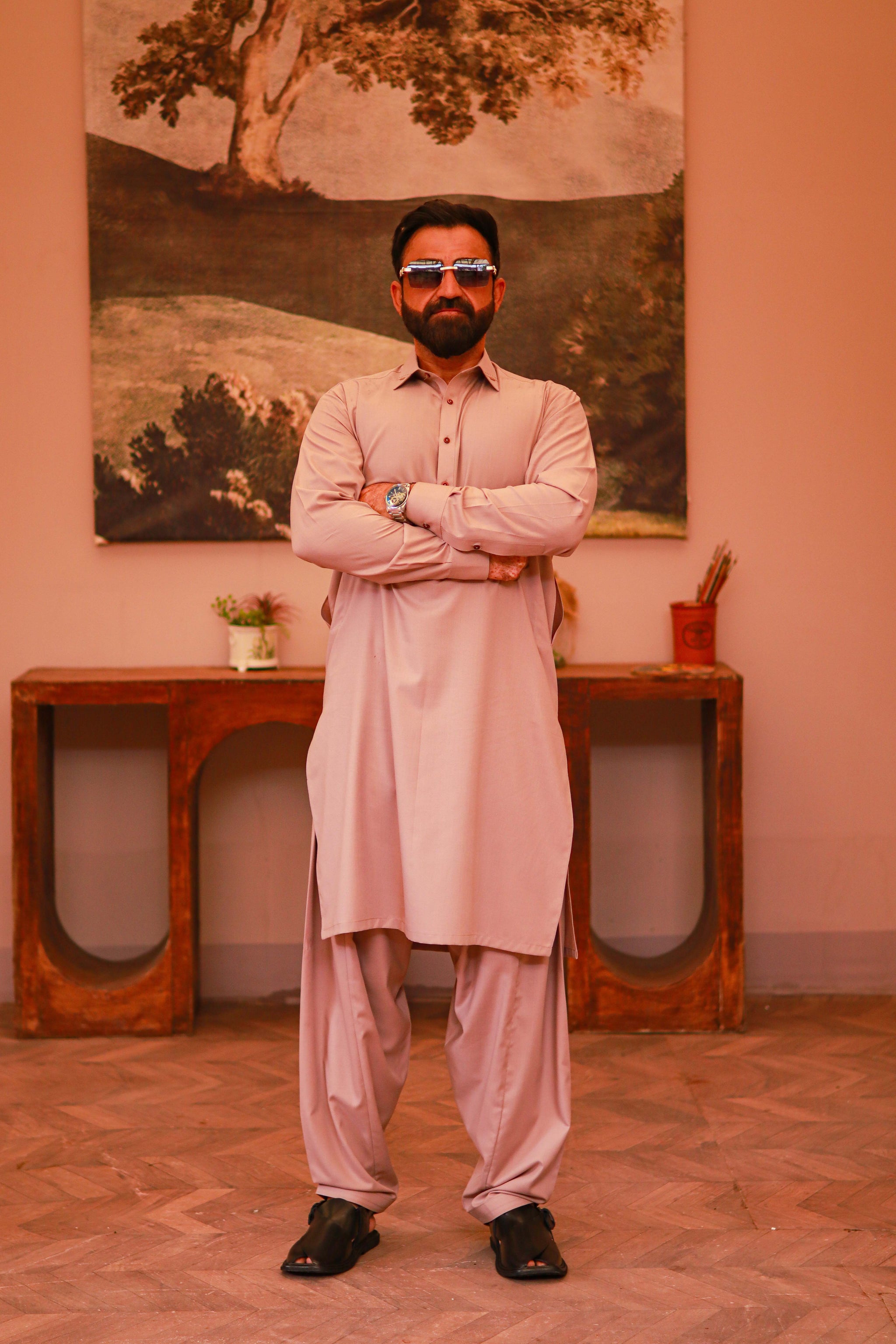 Light Tan Wash & Wear Semi-Formal Kameez Shalwar