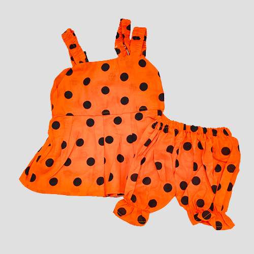 Twirl in Tradition – Girls’ Stylish Cotton Orange Frock Polka Dot Set