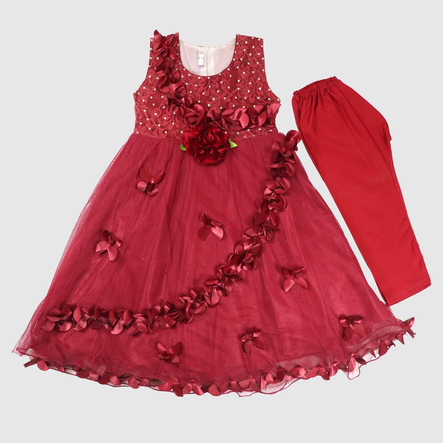 Velvet Flower Diamanté Dress with Trousers