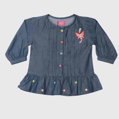 Girls’ Denim Peplum Frock – Dark Blue