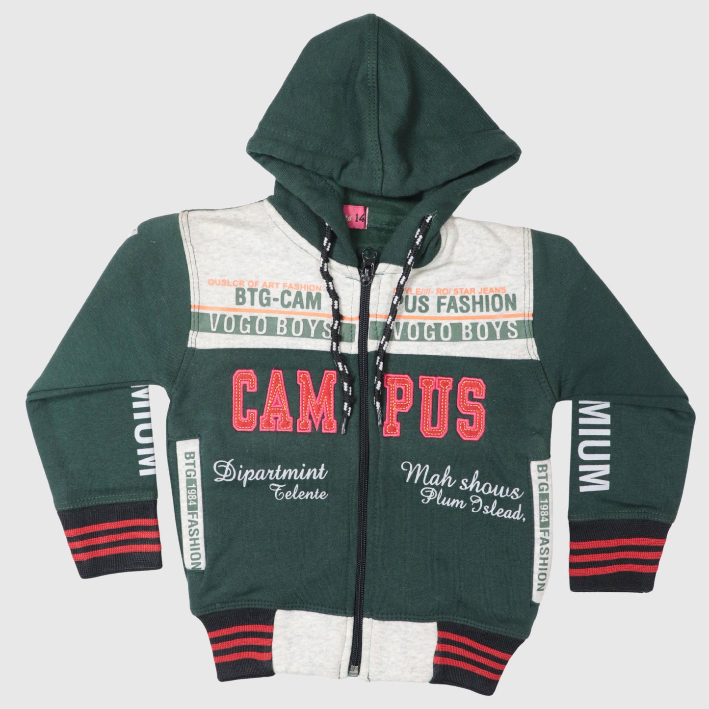 Dark Green & Grey Full-Zip Hoodie for Boys