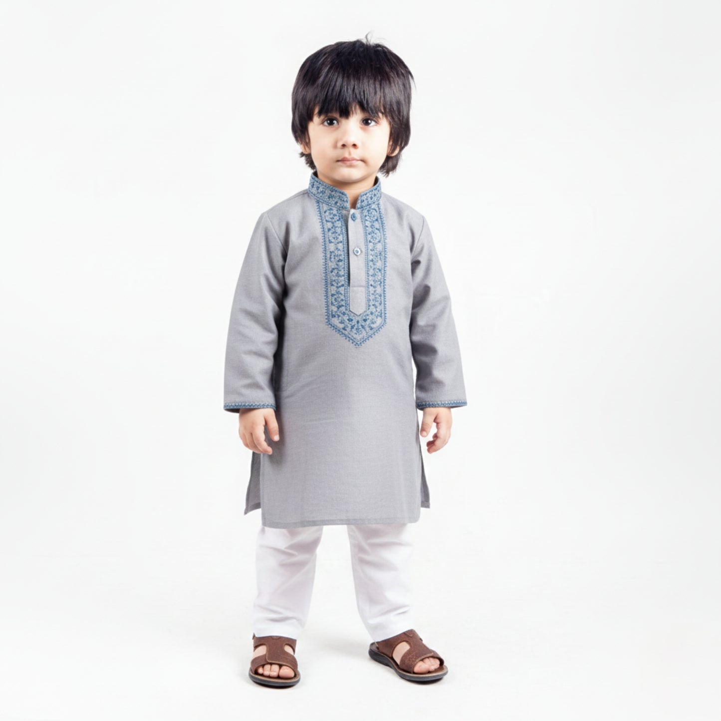 Light Grey with White Shalwar Kameez – Kids