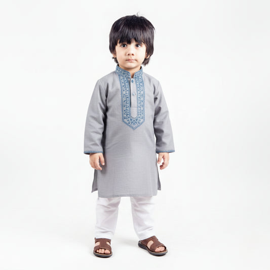 Light Grey with White Shalwar Kameez – Kids