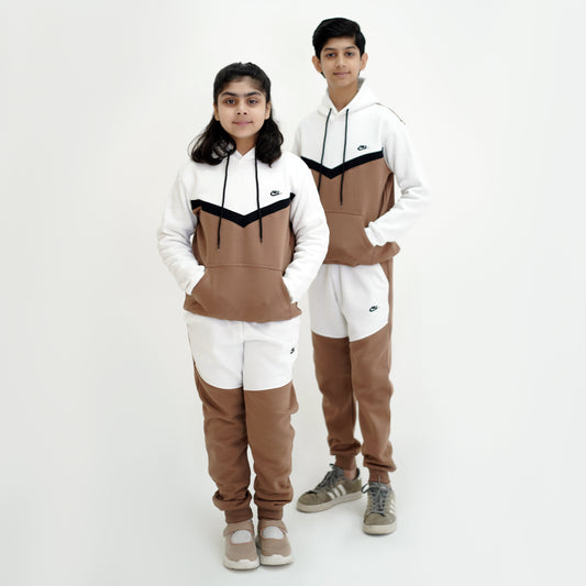 Nik Kids Fleece Tracksuit | Brown & White | Unisex, Ages 3-14